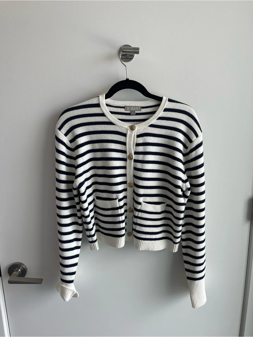 J.Crew Black & White Striped Button-Front Cotton Cardigan